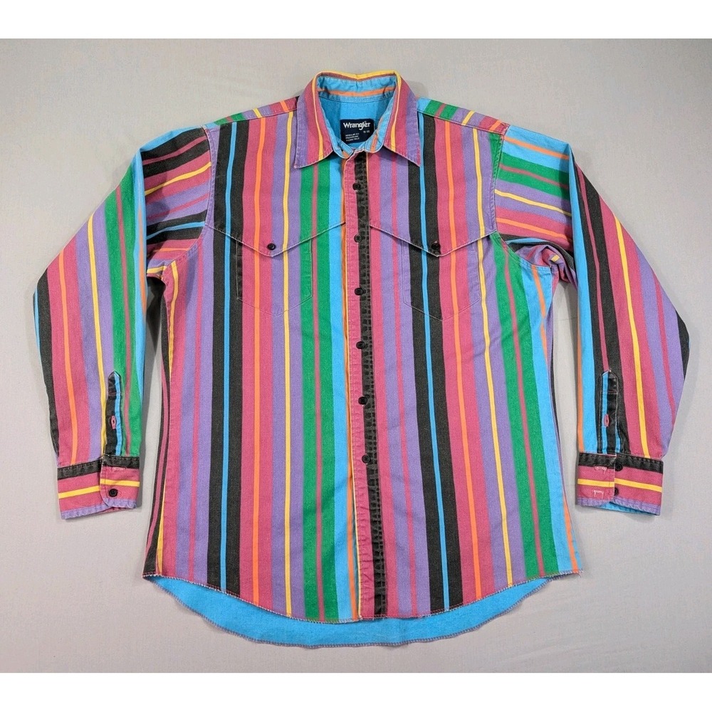 Vintage Wrangler Brushpopper Shirt Mens Large 16 35 Striped Western Button Up